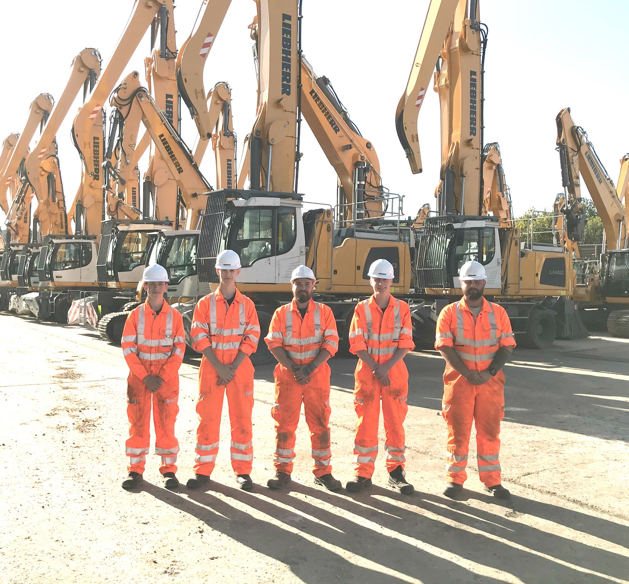   Liebherr’s 2020 apprentices, from left to right: Sam Kingsbury – harbour mobile crane engineer apprentice, Max Evans-Lockett – earthmoving machine engineer apprentice; Kyle Harrison – paint shop operative apprentice; Ed Totman – mobile crane engineer apprentice; Joe Ryan - earthmoving machine engineer apprentice