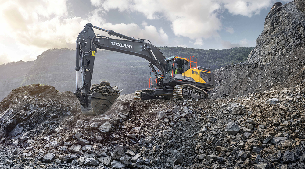 The EC550E T3 excavator can fill an A35G or A40G hauler with four to six buckets