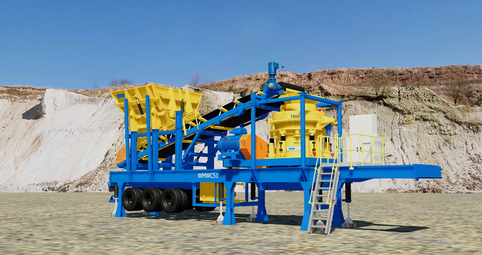 A Weir Minerals Trio TC51 cone crusher with conveyer and cone surge hopper for processing material