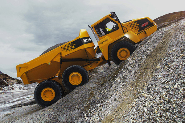 Doosan truck driving up stone hill