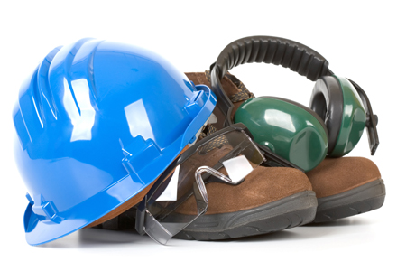 Hard hat, boots, goggles and ear protectors - Health and Safety gear