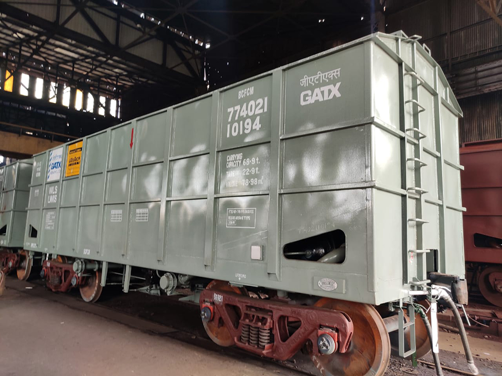 A BCFCM fly ash cement wagon manufactured by Braithwaite & Co containing fly ash for UltraTech Cement’s cement production