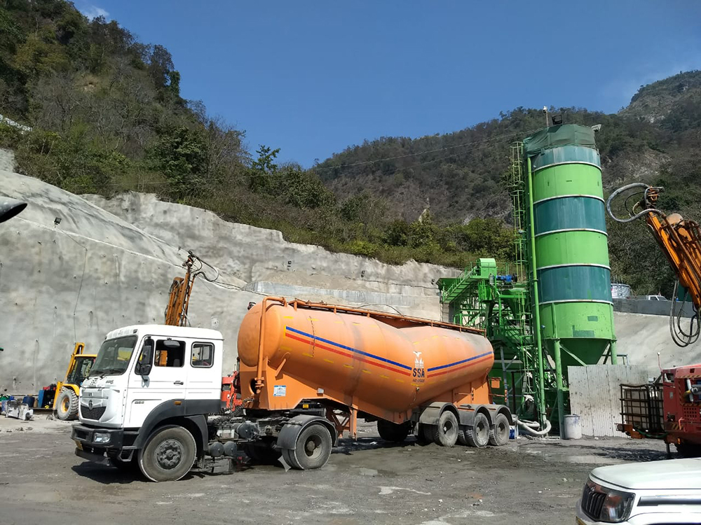 A bulker truck carrying ready-mixed concrete at the Chardham Rail tunnel project in north India