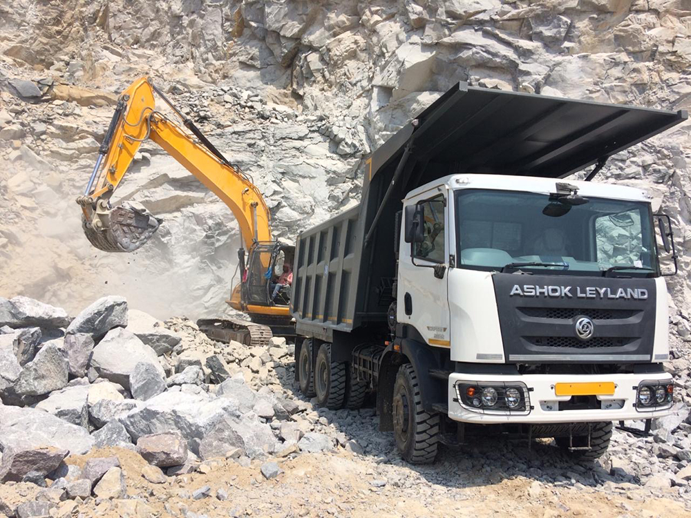 An Ashok Leyland rigid dump truck working at a cement plant in Rajasthan