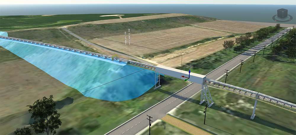 A 3D model of terrain and conveyor: Earthworks (cut & fill) or steelwork structures can be quickly and precisely balanced against each other in terms of drawings and calculations