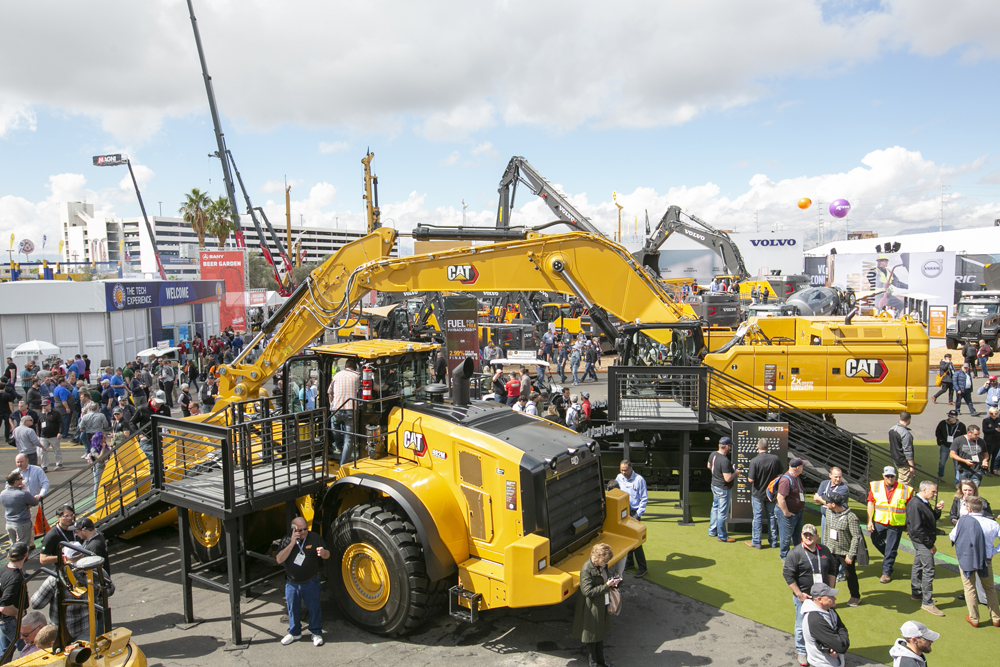 The Caterpillar 395 excavator on the manufacturer’s outdoor stand at CONEXPO-CON/AGG 2020