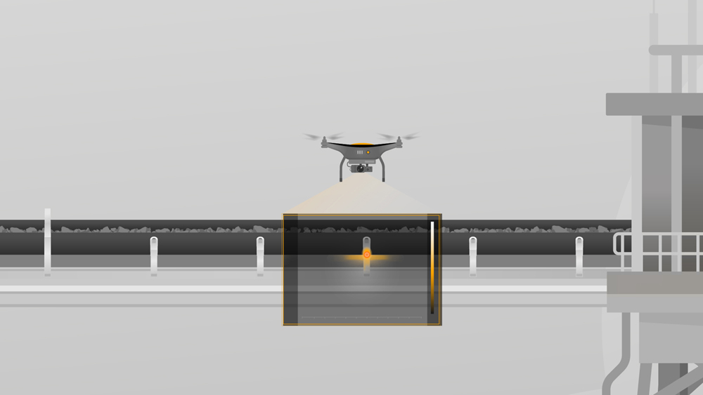 A drone inspects the conveyor belt system on open sections using RGB and infrared cameras 