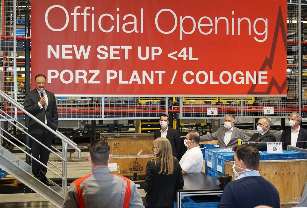 Dr Frank Hiller, Deutz CEO, speaking at the official bringing on-stream of Deutz’s assembly line five at the firm’s site in Cologne