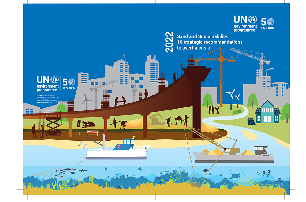 The front and back cover of UNEP’s April 2022-published Sand and Sustainability report