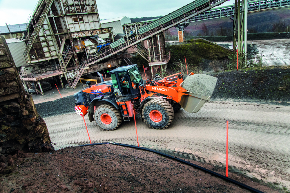 A Hitachi ZW310-6 wheeled loader at work on a UK job site