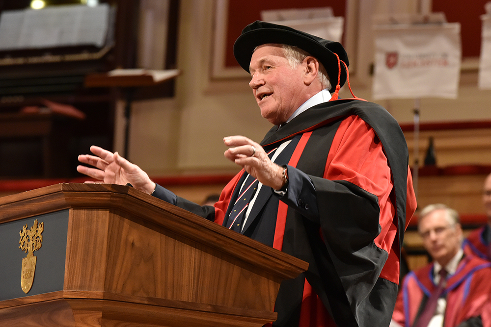 Peter Tom CBE receiving and responding to the presentation of an Honorary Degree (Doctor of Laws) at the University of Leicester