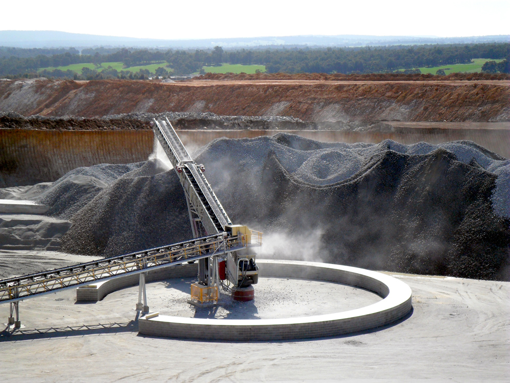 The TS 1542 radial telescopic conveyor from Telestack stockpiling from a fixed plant over a gravity reclaim tunnel