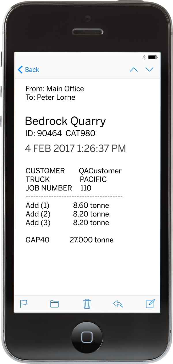 A Trimble LOADRITE L3180 SmartScale eTicket on an iPhone