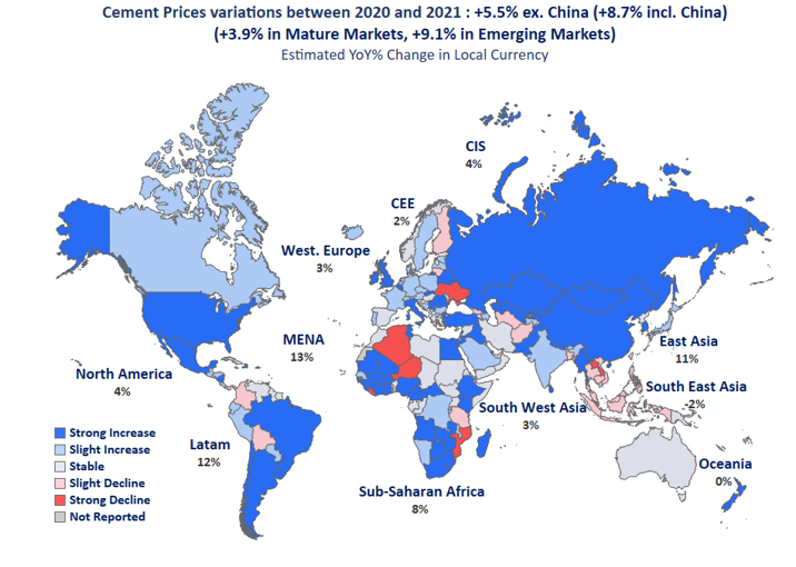 Global cement price variations between 2020 and 2021 (estimated year-on-year % change in local currency) Source: On Field Investment Research