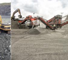 Caterpillar 345B L excavators and crushing at quarry 