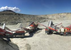 The Sandvik crushing and screening train in action at Pony's Pass, East Falkland