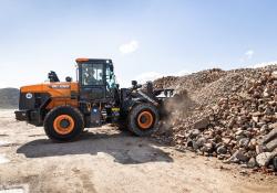 The loader features Doosan's Smart Guidance System which analyses driver habits to achieve the most fuel-efficient operation