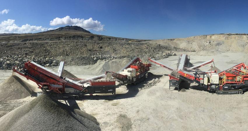 The Sandvik crushing and screening train in action at Pony's Pass, East Falkland