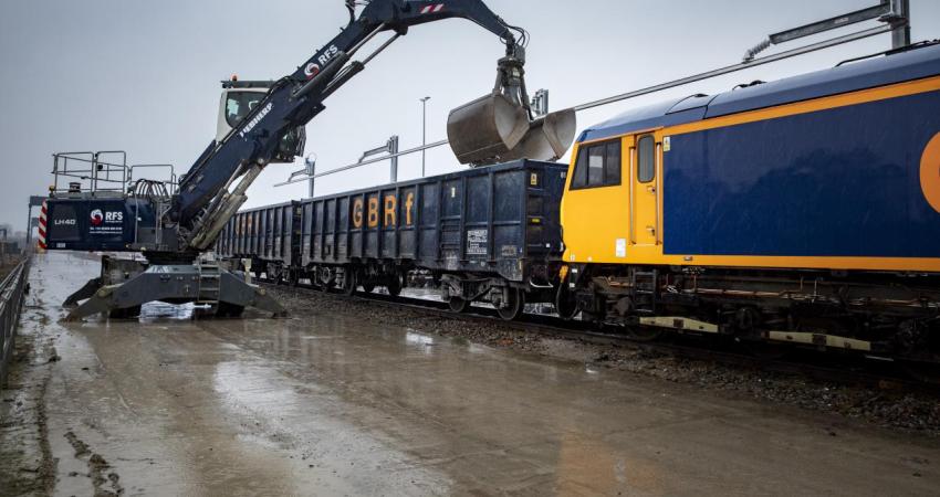 A freight train being loaded at Wellingborough