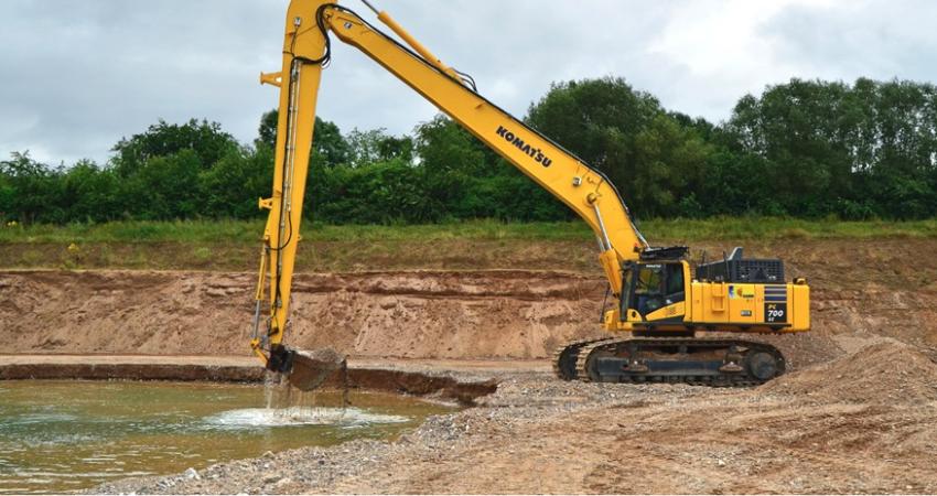 Kann GmbH Baustoffwerke is deploying its new Komatsu PC700LC-11E0 hydraulic excavator to extract gravel from deep underwater deposits. Pic: Komatsu