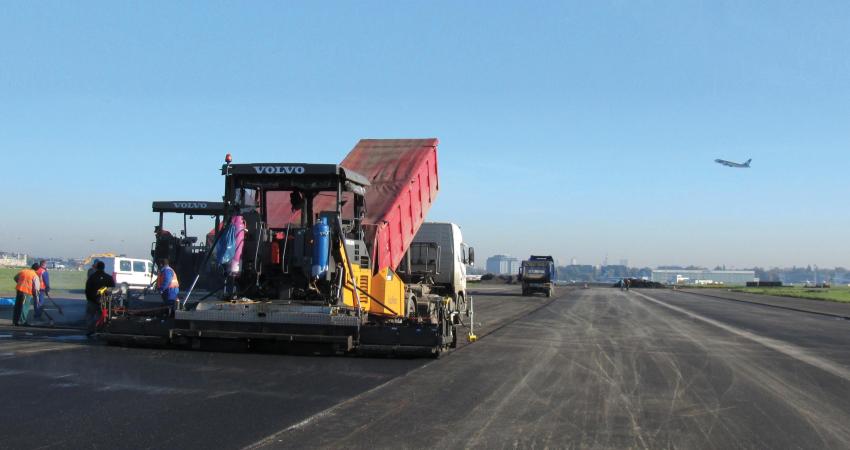 Volvo Asphalt paver in action at Warsaw's Chopin Airport