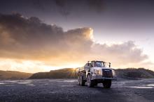 A Terex Trucks TA300 articulated hauler pictured at a Scottish quarry site at sunset