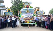 A 25-strong batch of special variants of L&T’s 9020 wheeled loaders being dispatched for delivery to the Border Roads Organisation of India