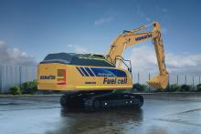 The new Komatsu concept excavator features a hydrogen fuel cell system and hydrogen tank produced by Toyota