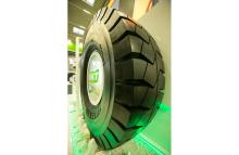 A BKT SR46-5 tyre on show at an off-highway machine industry exhibition. Pic: BKT