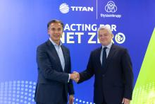 PhotDr Cetin Nazikkol, chief strategy officer at thyssenkrupp Decarbon Technologies (left) and Marcel Cobuz, chairman of TITAN Group executive committee. Pic: TITAN Group